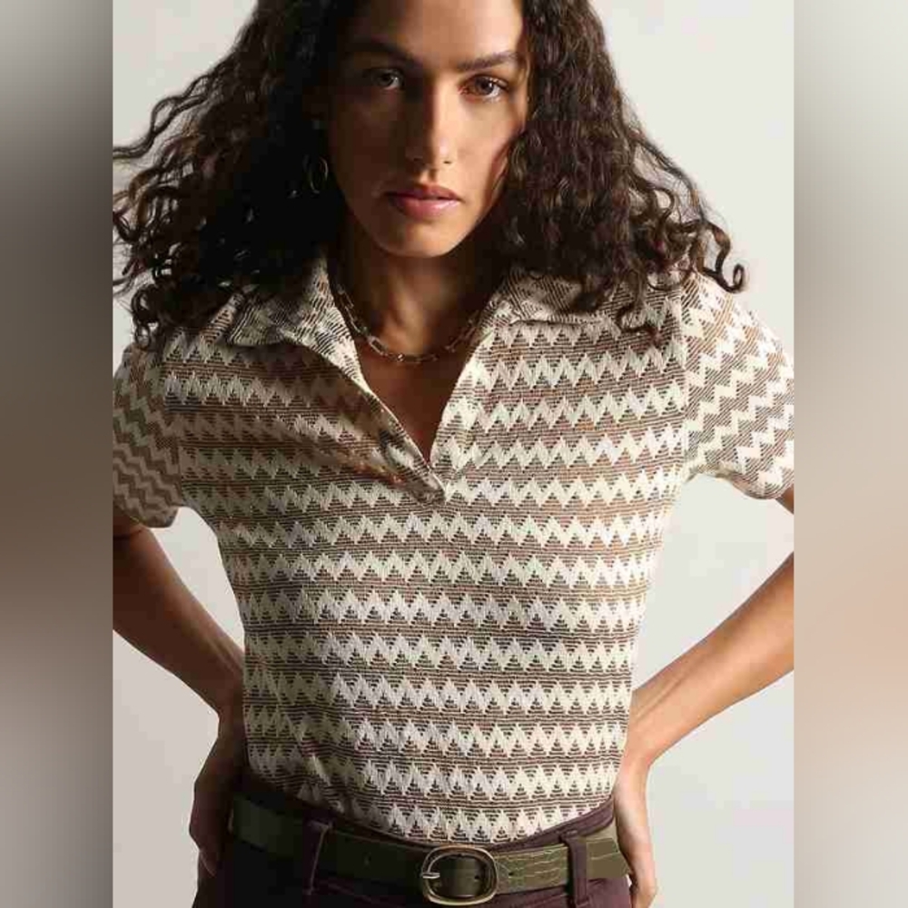 Tory Burch Chevron Patterned Polo Shirt Small